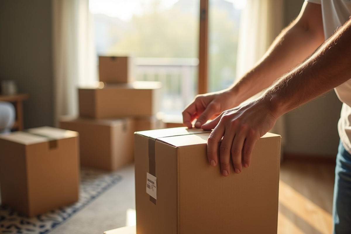 Personne scellant une box de demenagement dans un salon ensoleille