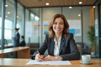 Femme souriante signant un contrat de location dans une mairie
