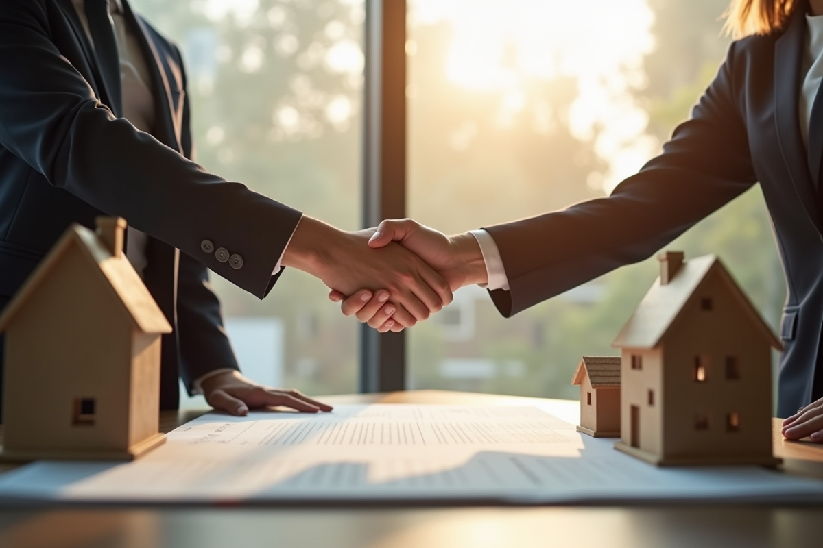Deux professionnels signant un contrat immobilier en réunion