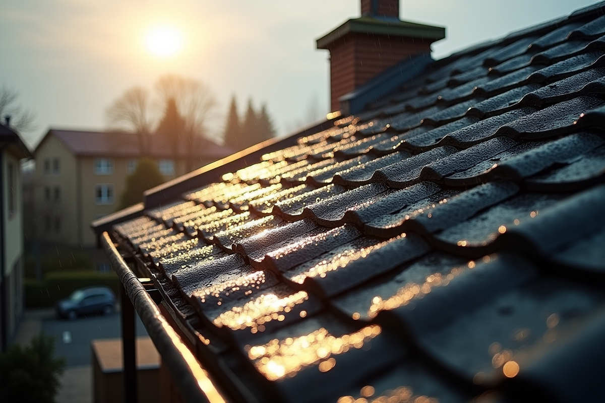 Toit résidentiel après pluie avec tuiles mouillées et reflet du soleil