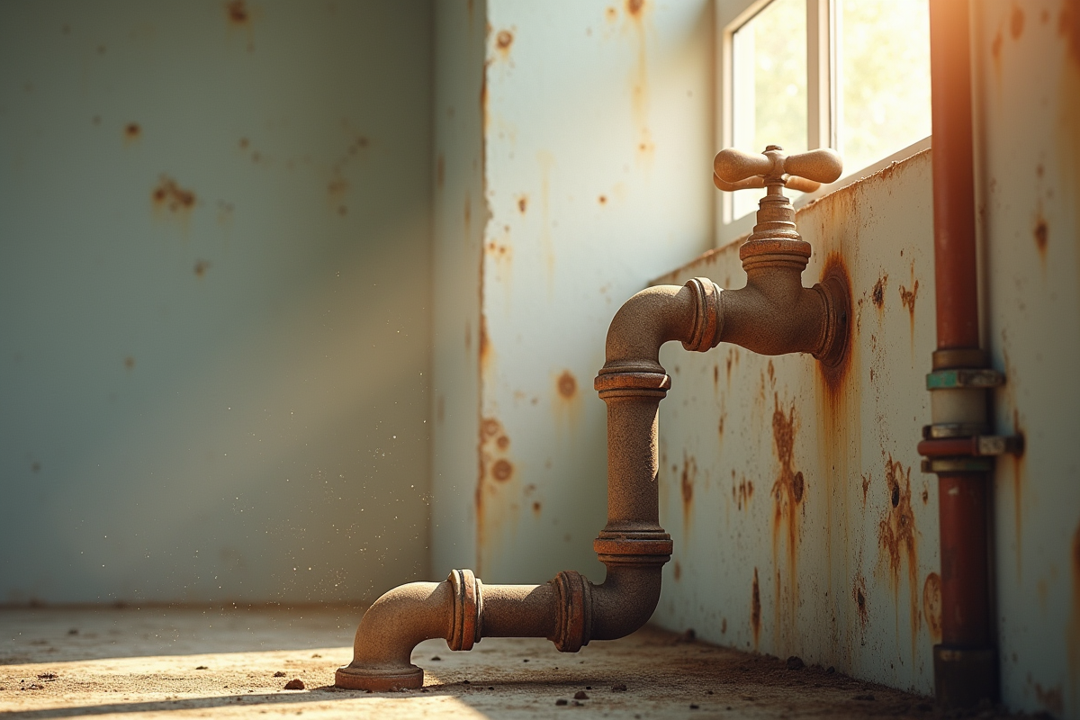 Tuyaux anciens rouillés et nouveaux installés dans un mur de salle de bain