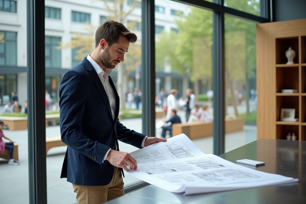 Jeune urbaniste en revue de plans dans un bureau moderne
