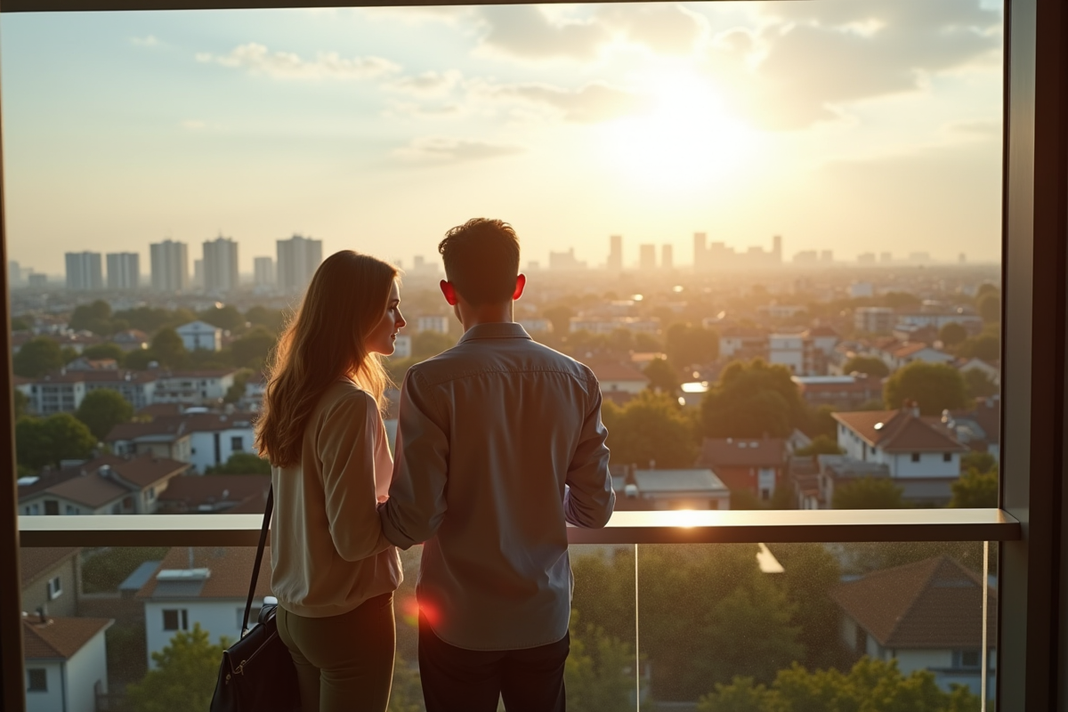 Vue urbaine depuis balcon avec couple et papiers d investissement